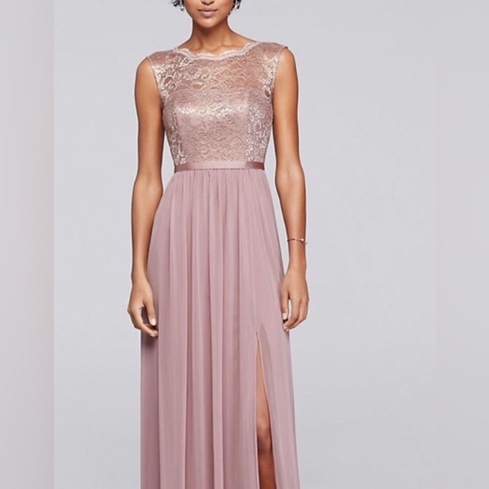David’s Bridal Long Metallic Bridesmaid Dress with Lace Bodice in Rose Gold